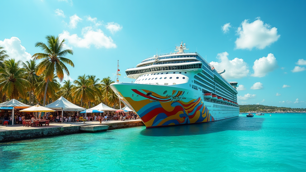A colorful cruise ship docked in a sunny, tropical port with turquoise water, palm trees, and vibrant market stalls in the background.